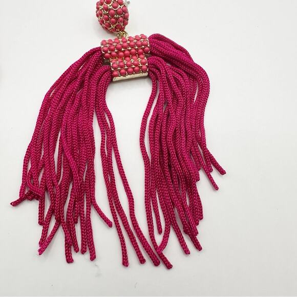 Hot Pink Fuchsia Double Tassel Earrings Drop Dangle Pierced Summer Boho Preppy - Picture 5 of 7